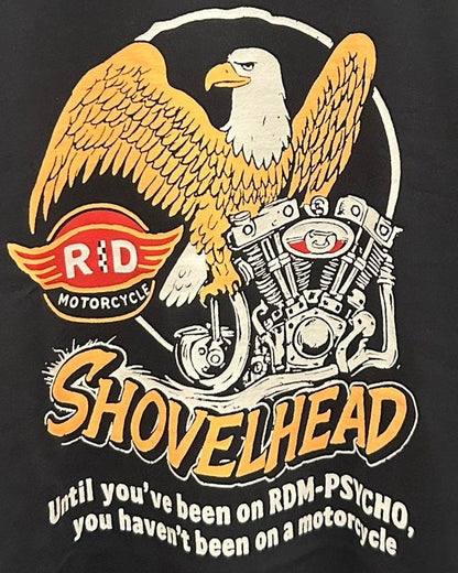 Black t-shirt with an eagle, motorcycle engine, and RDM logo on a black background
